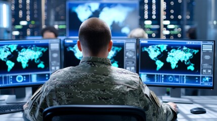 Poster - Global Defense Network Monitoring - A soldier monitors global activity on a network of high-tech screens. Symbolizing security, technology, vigilance, defense, and global awareness