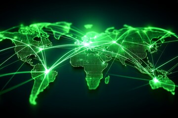 Poster - global network connections - a glowing green map of the world illustrating interconnectedness and gl