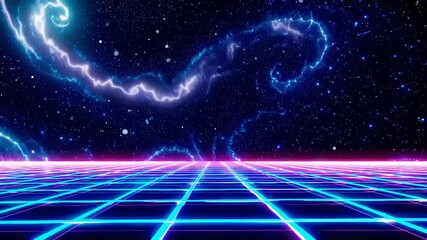 Poster - Vibrant Neon Galaxy with Cosmic Swirls and Futuristic Grid Floor