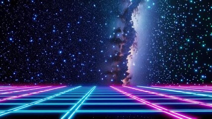Poster - Cosmic Space Background with Neon Grid and Starry Night Sky