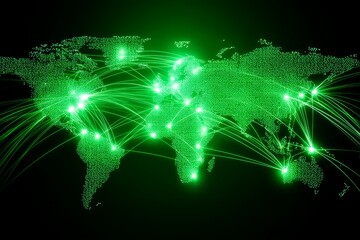 Poster - Global Network Connections - A glowing green map of the world illustrating interconnectedness and global communication networks