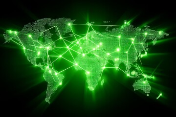 Poster - Global Network Green Connections - A glowing green world map showcases interconnectedness, symbolizing global communication, data flow, technology, collaboration, and worldwide unity