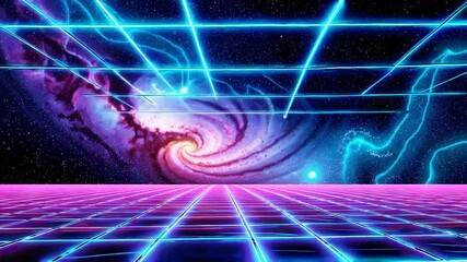 Poster - vibrant cosmic scene with neon grids and spiraling galaxy design