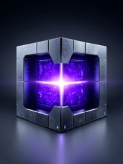 Poster - Glowing Core Futuristic Metallic Cube - Futuristic technology, energy source, power, innovation, mystery. A metallic cube with a glowing purple core symbolizes advanced technology and untold power