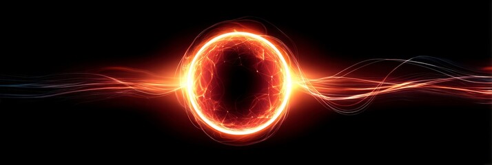 Poster - Glowing Energy Orb and Waves - Abstract of a bright orange energy orb with flowing energy waves on a black background. Ideal for technology, science, or mystical concepts