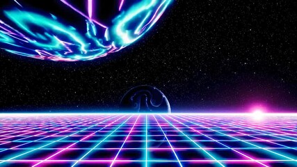Poster - Futuristic Neon Landscape with Sphere and Grid Pattern at Night