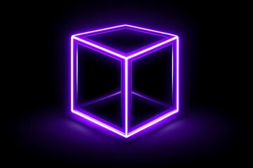 Poster - Glowing Purple Cube Abstract - A vibrant purple neon cube glows against a black background, creating a modern and abstract perfect for technology or design projects