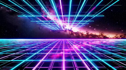 Poster - Futuristic Neon Grids in a Magical Cosmic Landscape at Night
