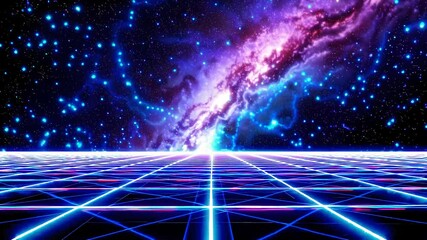 Poster - vibrant cosmic galaxy with neon grid and starry night sky