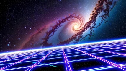 Poster - cosmic galaxy with neon grid and stars in dark space background