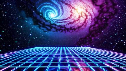 Poster - vibrant galaxy swirl over futuristic neon grid landscape