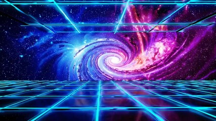 Poster - Futuristic Digital World with Colorful Galaxy and Neon Grid Floor