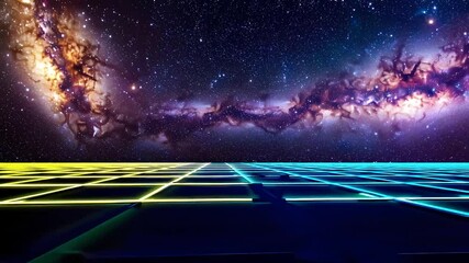 Poster - Cosmic Landscape with Colorful Neon Grid and Galactic Background