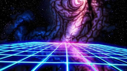 Poster - Cosmic Swirl with Neon Grid Landscape Under a Starry Sky