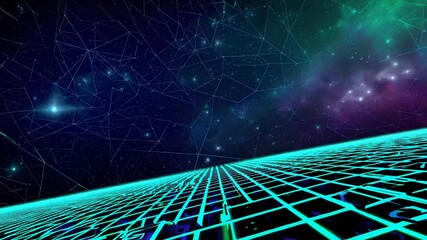Poster - Futuristic Digital Landscape with Neon Grid and Starry Sky