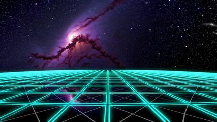 Poster - futuristic cosmic landscape with glowing grid and swirling galaxies