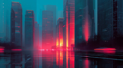 Poster - neon skyscrapers tower futuristic cityscape bathed vibrant light, glowing skyscrapers, futuristic, t