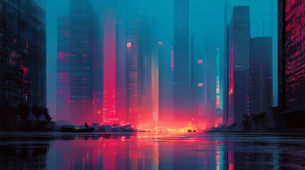 Poster - neon skyscrapers tower futuristic cityscape bathed vibrant light, glowing skyscrapers, futuristic, t