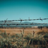 Clear day, barbed wire fence front.