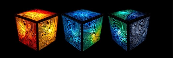 Poster - Illuminated Cube Art Abstract Swirling Patterns - Abstract art, swirling patterns, illuminated cubes, vibrant colors, modern design. Symbolizing energy, creativity, innovation, transformation
