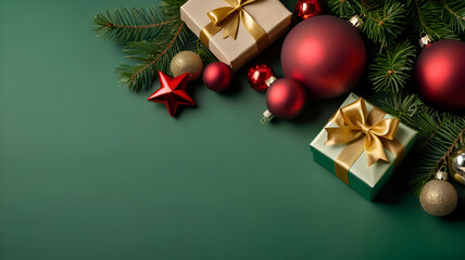 top view photo of gift boxes with ribbon bows green red baubles gold star ornaments and pine branche