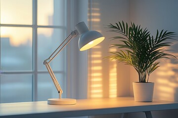 Poster - Illuminated workspace with adjustable lamp and potted plant near a window