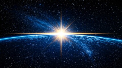 Poster - Earth surrounded by a bright radiant star in the center creating a stunning cosmic scene filled with celestial beauty and wonder