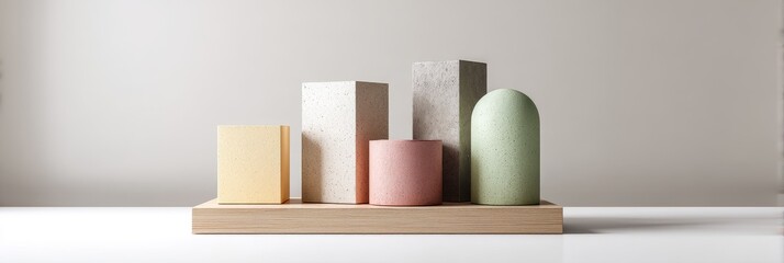 Poster - Minimalist Geometric Forms Display - Five pastel-colored geometric shapes, symbolizing balance, simplicity, modern design, elegance, and serenity, are artfully arranged on a light wood display stand