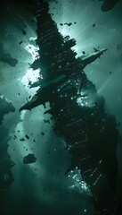 Aufkleber - Silhouette shot of a colossal warship breaking through a dimensional barrier, fragments of light scattering in every direction. Cinematic space-fantasy grandeur