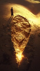 Aufkleber - Wide shot of a desert nomad standing before an ancient artifact buried in the sand, golden light spilling from the cracks. Cinematic archaeological discovery
