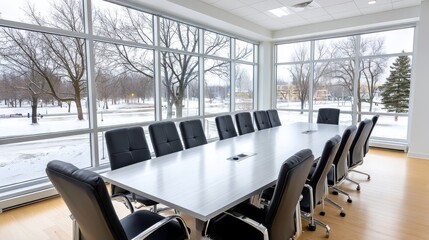 Poster - Modern Sunlit Conference Room with Winter View - Bright, spacious conference room. Large windows showcase a snowy winter landscape. Ideal for business meetings, presentations