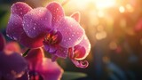 Pink orchids in morning light, covered in dew drops