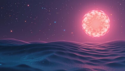 Poster - Celestial sunset over ocean waves cosmic landscape digital art tranquil environment panoramic view surreal concept for cosmic exploration