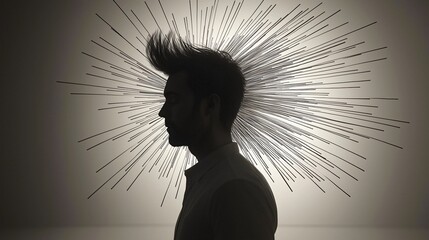 Poster - Striking image of a man with a spiked head in a cosmic environment highlighted by backlit silhouettes and magnetic field effects