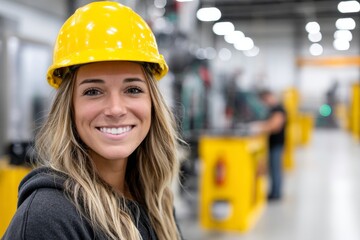 Poster - smiling woman industrial portrait hard hat - a portrait of a smiling woman wearing a hard hat, symbo