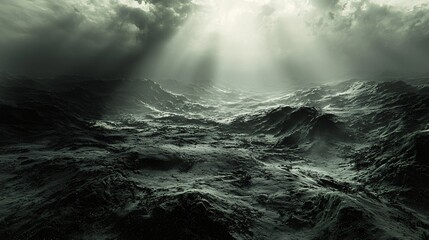 Poster - Mysterious dark ocean with ethereal light shining from above creating a stunning contrast in a cosmic microgravity landscape