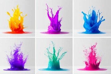 Aufkleber - Vibrant Liquid Splashes Collage - A captivating collage showcasing six dynamic liquid splashes in vibrant colors, symbolizing energy, creativity, fluidity, joy, and expression