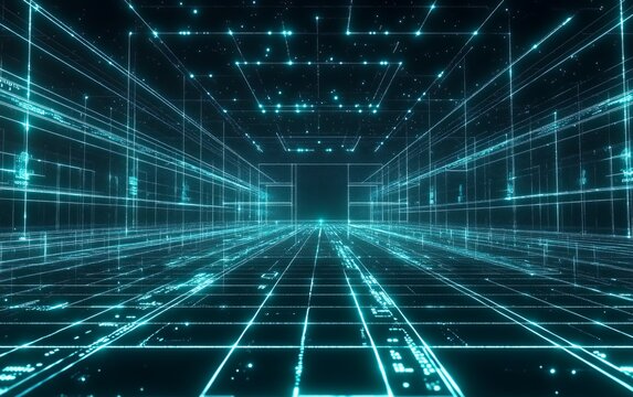 Futuristic digital landscape featuring neon glowing grid pattern and abstract data visualization elements