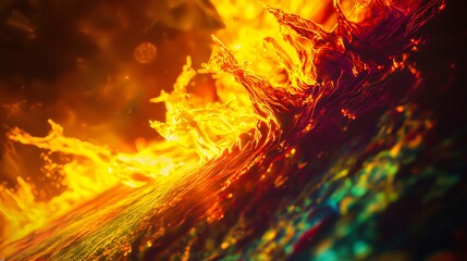 Poster - A fiery blaze set against a black background creating a stunning cosmic imagery with neon glow and hyper-detailed features of light