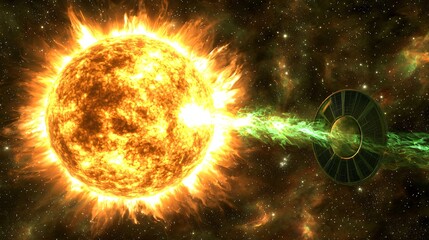 Poster - Brilliant sun radiating light with a mysterious green object nearby creating a captivating cosmic space anomaly under high-key lighting