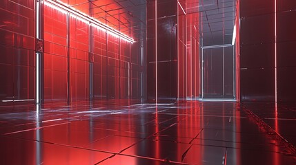 Poster - Enigmatic room illuminated by striking red lights creating a mysterious and cosmic atmosphere filled with volumetric lighting effects