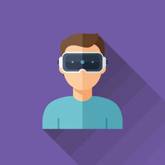 Poster - Man wearing virtual reality headset in flat style technology illustration with purple background and long shadow effect 