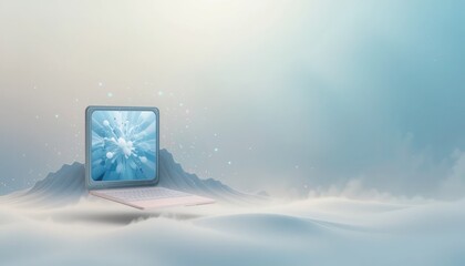 Poster - Exploring digital landscapes virtual reality experience ethereal mountains concept art dreamlike environment surreal viewpoint imagination and innovation