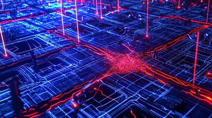 Poster - Vibrant cityscape illuminated by red and blue lights with a cosmic warp drive effect creating a dreamlike aerial perspective
