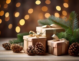 christmas and new year background - gift boxes and pine cones and branches on the background