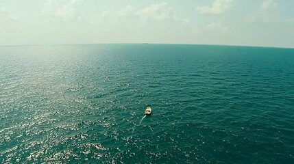 Poster - Serene boat floating on the ocean surrounded by color-shifting waters under low-key light creating a dreamlike and tranquil scene