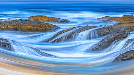Poster - powerful wave crashing over rocks with surreal color-shifting waters under low-key light creating a 