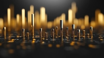 Poster - abstract cityscape at night with gold metallic skyscrapers and dark background. depth of field creat