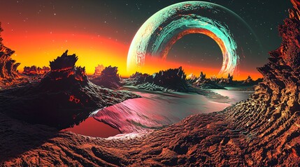Poster - A breathtaking planet under a bright orange sky creating a surreal and dreamlike atmosphere with moody shadow play and cosmic depth