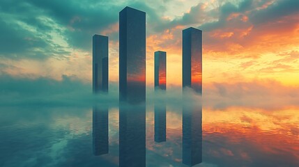 Poster - A surreal cityscape evoking a dreamlike atmosphere of floating monoliths and soft lighting creating a unique urban landscape experience